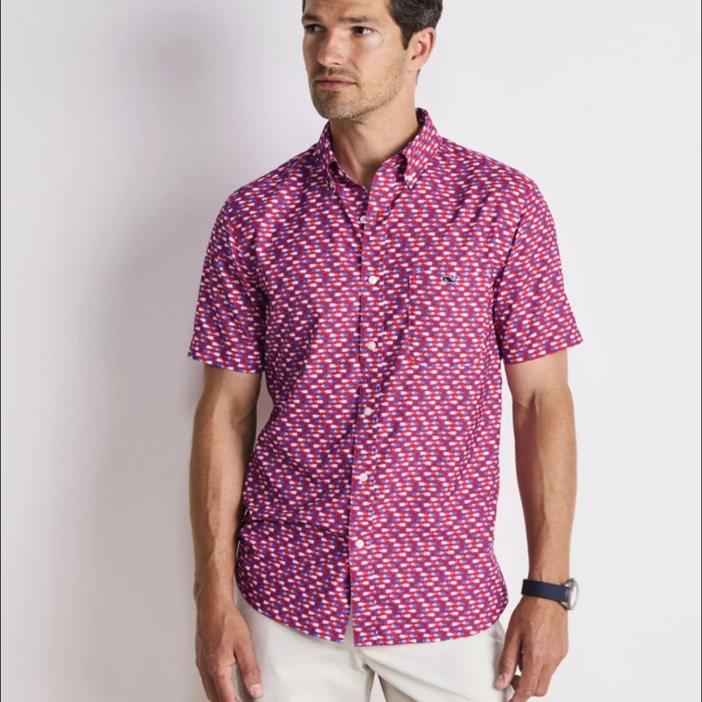 Vineyard Vines Micro Fish Red Short Sleeve Feather Performance Ripstop Shirt Med - Picture 1 of 10